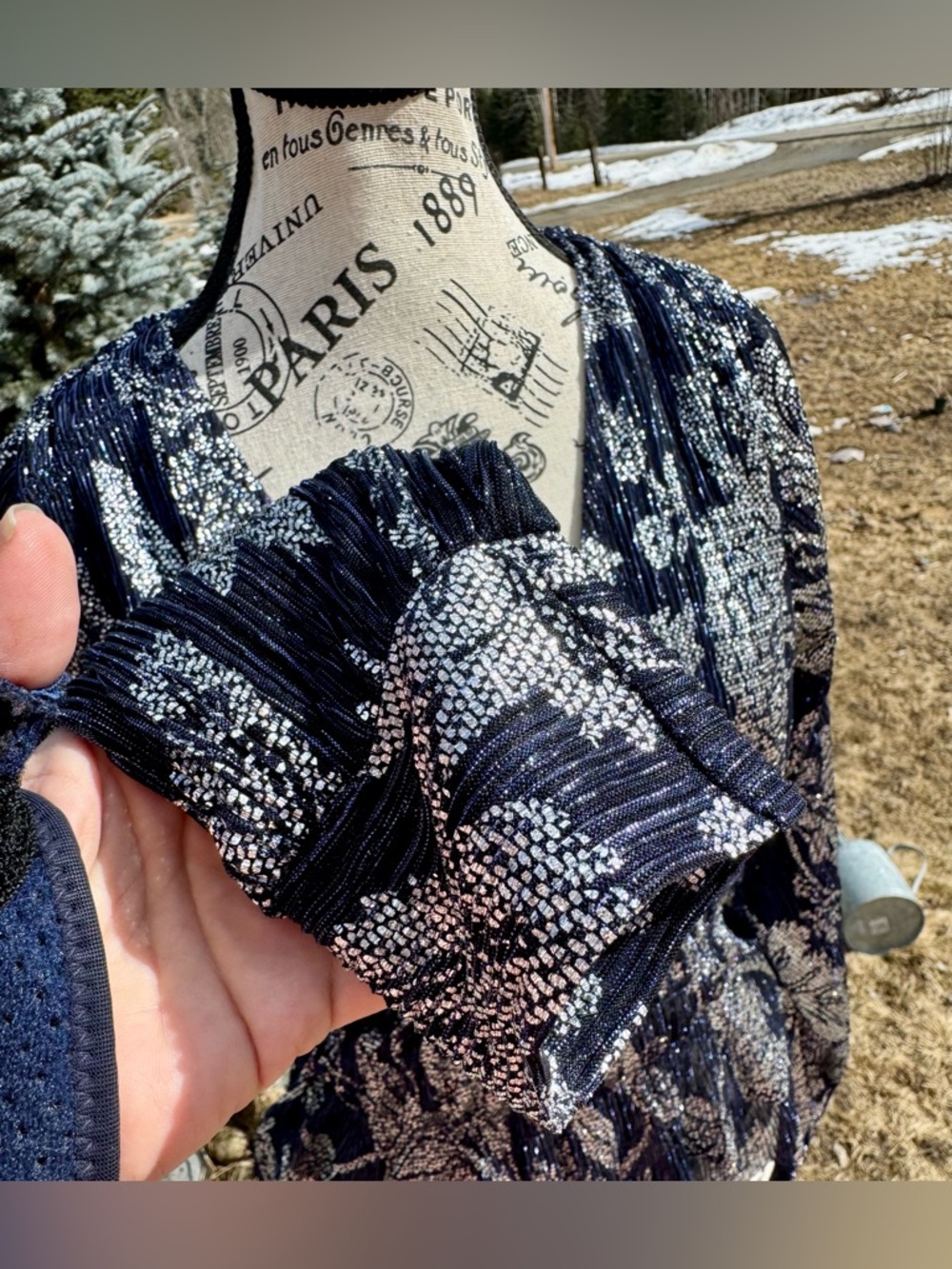 Anthropologie Black Navy and Silver Metallic Floral V-Neck Peplum Blouse - Picture 11 of 17